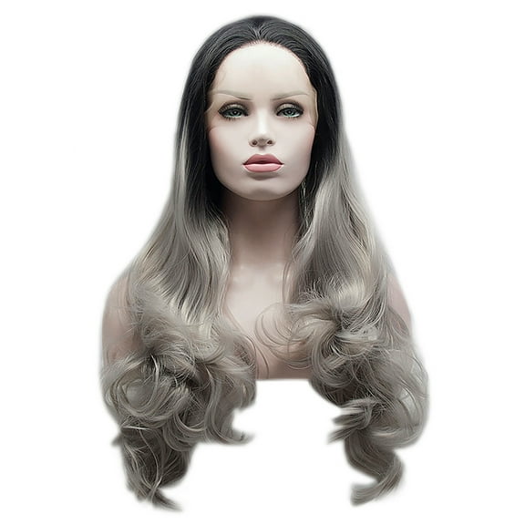 Unique Bargains Lace Front Wigs for Women 24" Black Gradient Gray Long Body Wave with Wig Cap