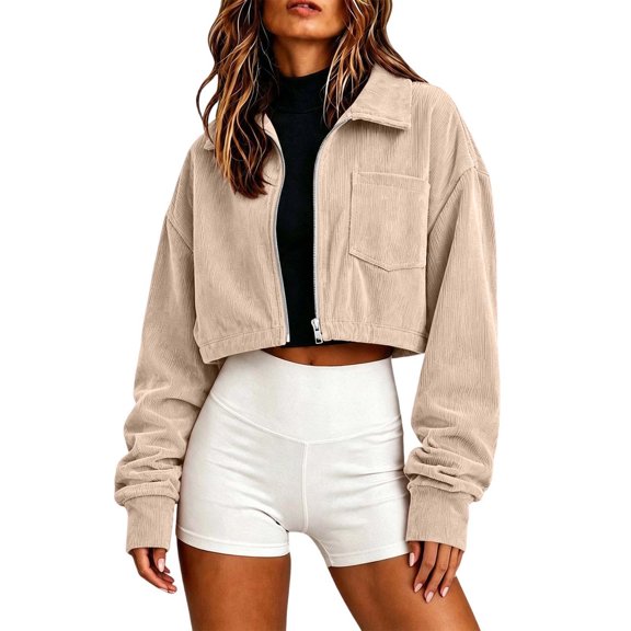 MYAOYI Womens Cropped Corduroy Jacket Zip Up Drop Shoulder Top