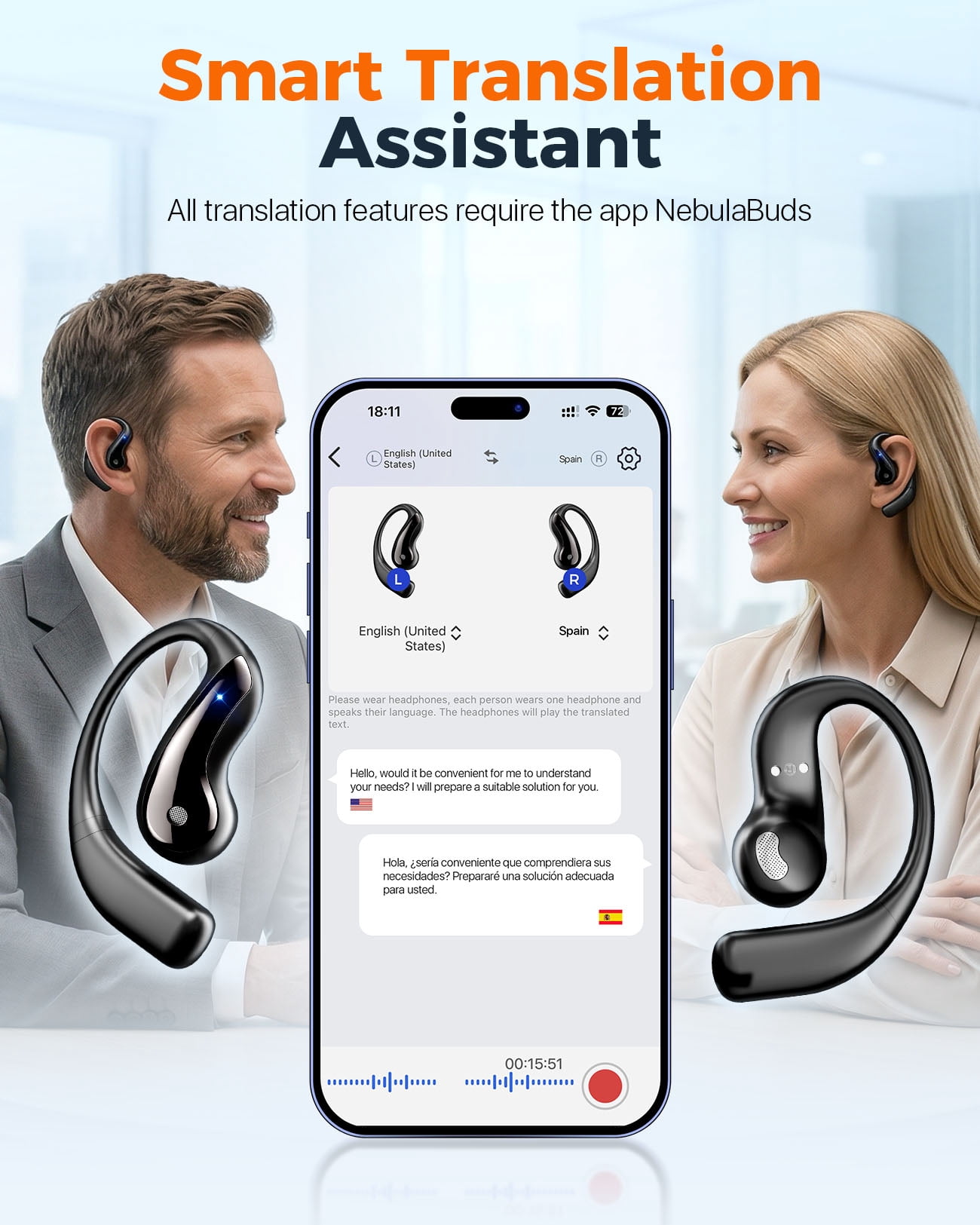 AI Translation Earbuds, Language Translator Earbuds with 77 Languages & 62 Accents, Open-Ear Bluetooth Headphones, 60H Battery, No Subscription for Travel Work Learning, Fathers Day Gifts for Dad