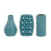 DecMode 5"W, 8"H Blue Ceramic Vase with Varying Patterns, Set of 3