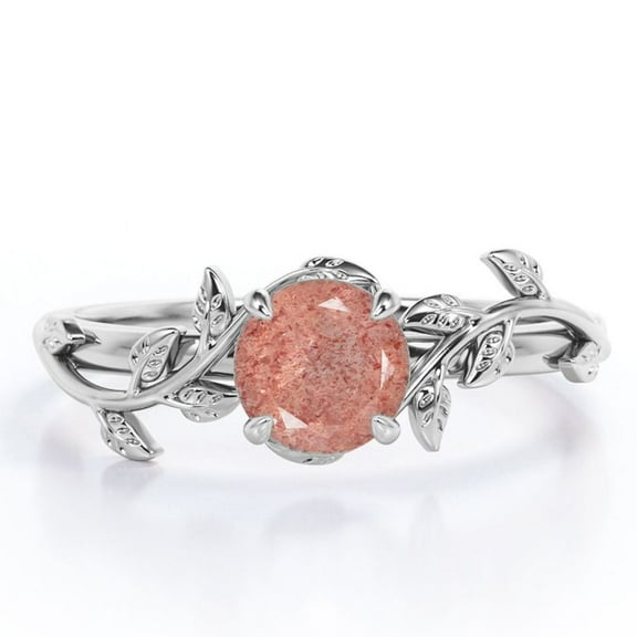 JeenMata 0.50 Carat - Leaf Ring Design - Round Shaped Strawberry Quartz Solitaire Engagement Ring - 18K White Gold Plating Over Silver