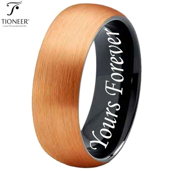 Two Tone Dome Tungsten Carbide Ring w/ Rose Gold Brushed Outside Black IP High Polished Inside in 8mm 6mm 4mm Comfort Fit for Men Women w/ Free Engraving Options