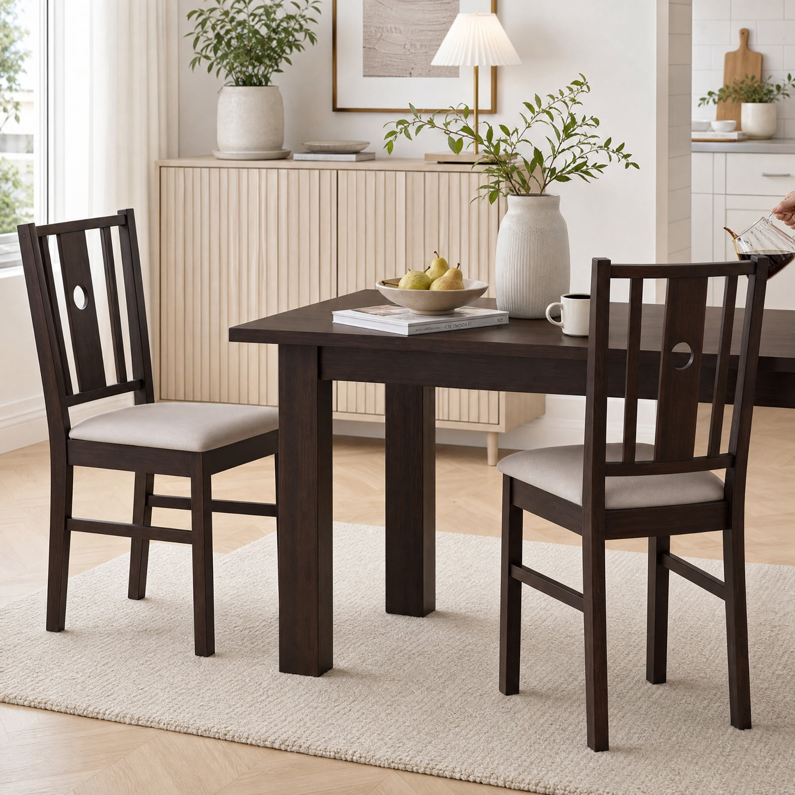 Furnibear Set of 2 Rubber Wood Kitchen Chairs with Fabric Padded Seat and Slatted High Back for Dining Room and Kitchen, Coffee