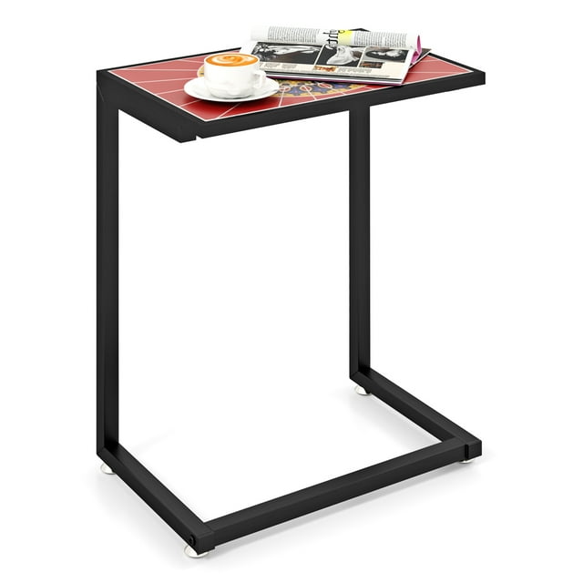 Gymax C-shaped Outdoor Side End Table w/ Ceramic Top for Patio Living Room Balcony