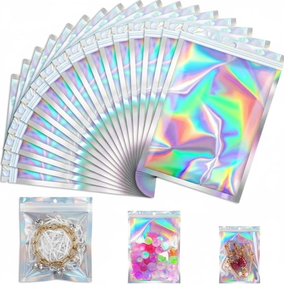 100 Pcs Mylar Bags, Holographic Bags, Resealable Bag for Small Business, Packaging, Sample Bag for Pen, Gift, Jewelry, Snack, Bracelets, Mothers Day Gifts (5.5x7.9in)