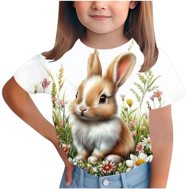 Cultivo de Manga Corta Superior Pascua Impresa Cuello Redondo Casual Versátil para Niños Niños Camisa de Manga Corta Tee Gráfica para 3-14 Años