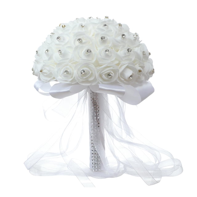 Ramo de boda para novia, flor blanca artificial para boda, ramo de rosas artificiales para damas de honor