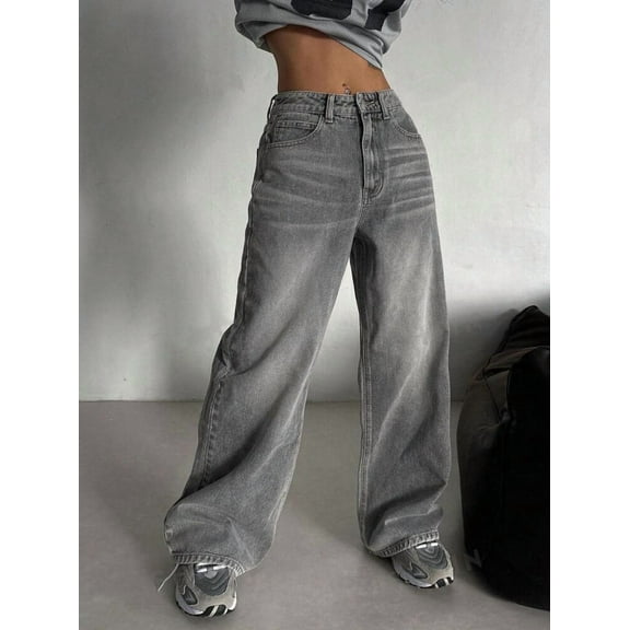 Vintage Light Gray Washed Wide Leg Jeans Women High Waist Loose Fit Extra Long Trousers Fall Winter Fashion Casual Streetwear Style Straight Leg Jeans For Women