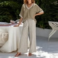 thumbnail image 6 of Bosfbaoi Two Piece Sets for Women V Neck Short Sleeve Top and Striped Wide Leg Pants Casual Womens Summer Outfits, 6 of 7