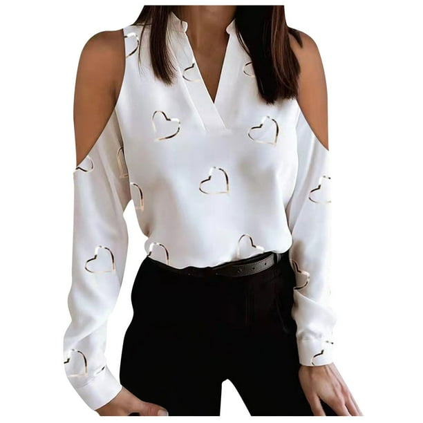 Tops Para Mujer Camisas de Manga Larga Blusas Con Hombros Descubiertos Cuello en V Jersey Estampado Odeerbi ODB153467