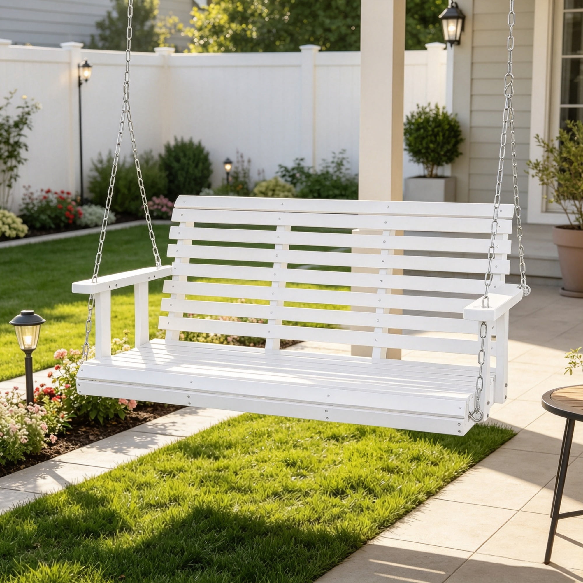 4.5ft Wooden Porch Swing with Hanging Chains, 880 lbs Heavy Duty Patio Bench Swing for Courtyard & Garden, White