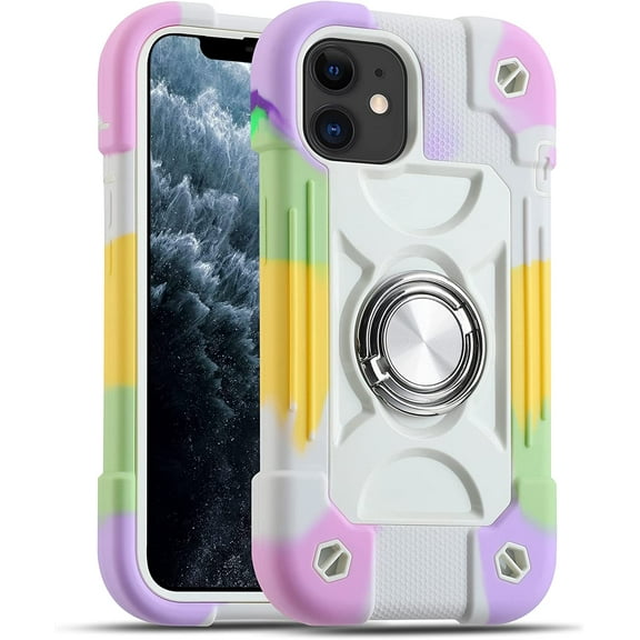 Compatible with iPhone 11 Case 6.1 Inch with 360°Rotate Ring Stand, Military Grade Drop Protection Full Body Rugged Heavy Duty Case 3 in 1 Protective Cover (Rainbow White)