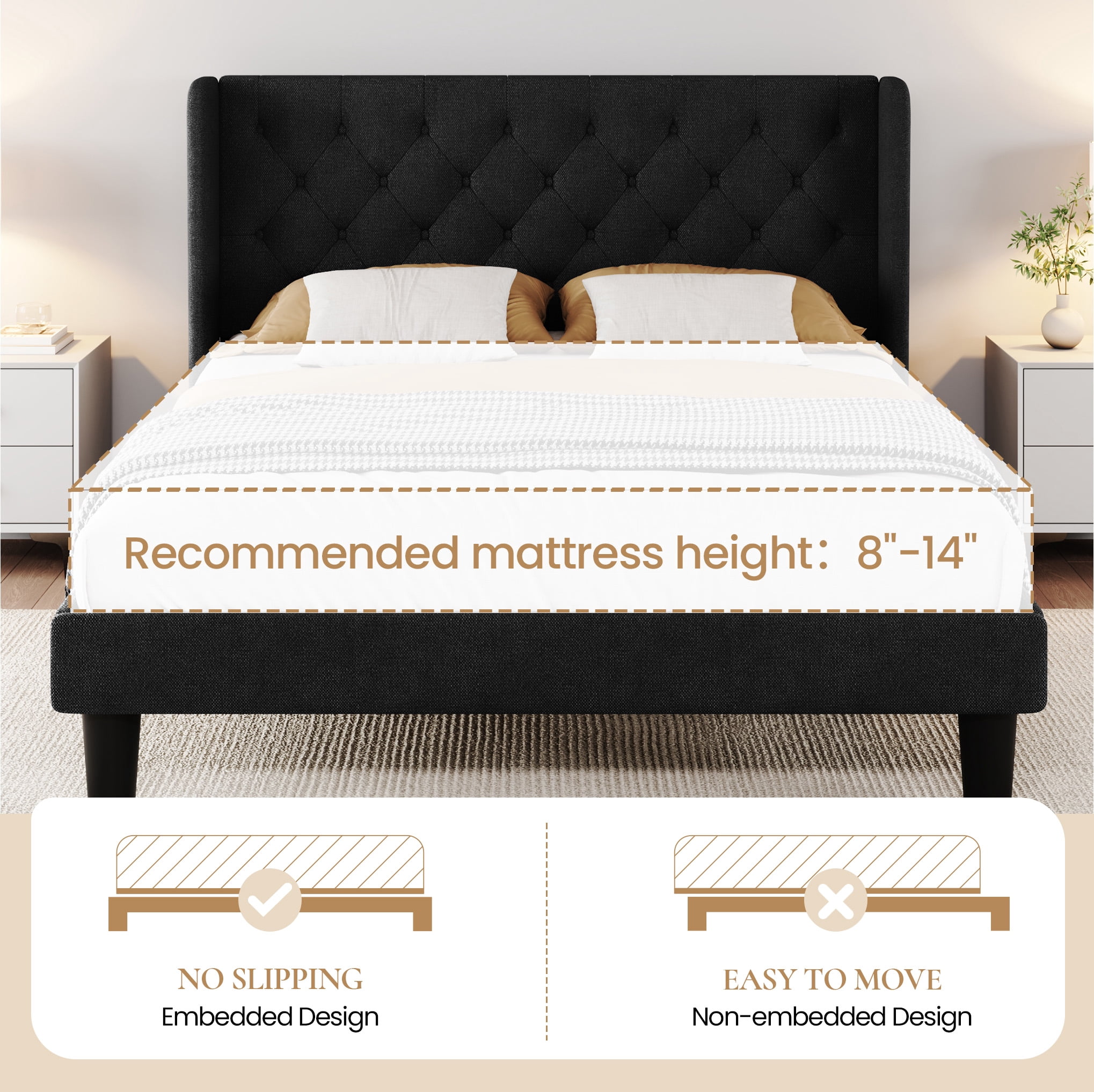 SHA CERLIN Queen Size Platform Bed Frame with Fabric Wingback&Tufted Upholstered Headboard, Black