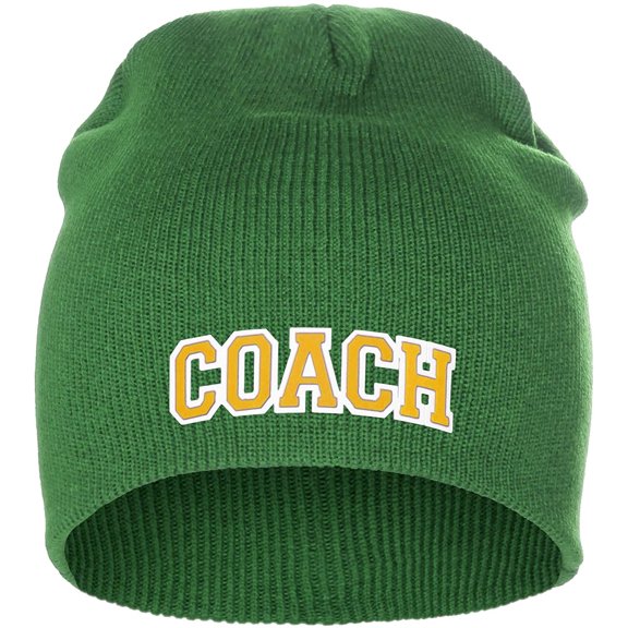 I&W Sports Team Coach Arch Letters Winter Knit Cuffless Beanie 3D Raised Layers, Green Beanie White Gold