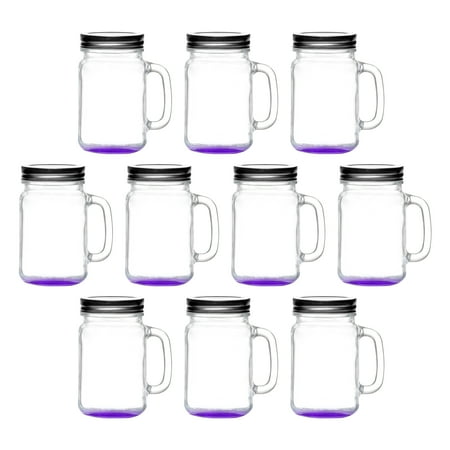 

10 Libbey Handle Mason Jars with Lids Set 16 oz. - Traditional style Drinking Glassware - Purple