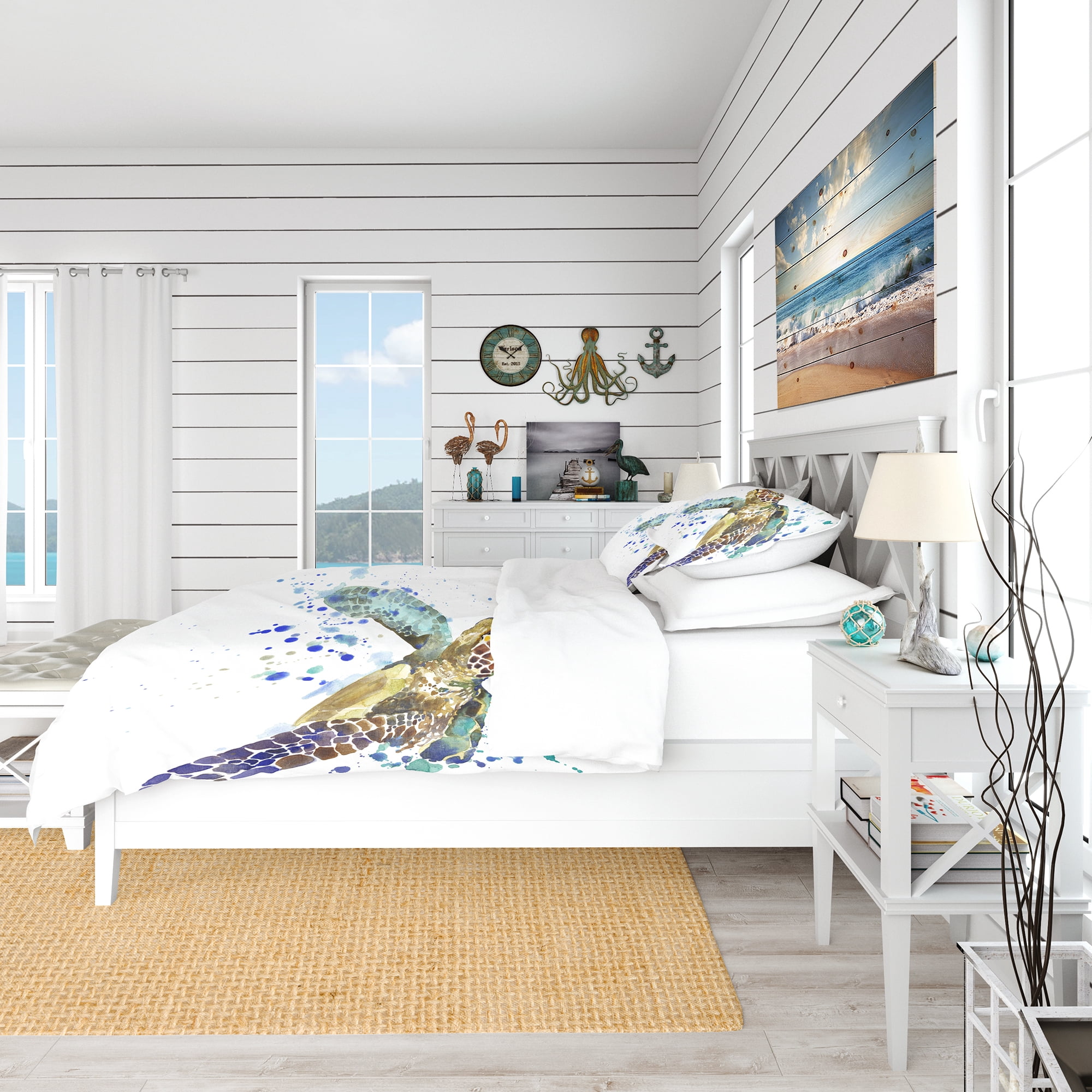 Designart 'Blue Sea Turtle Illustration' Nautical & Coastal Duvet Cover Set