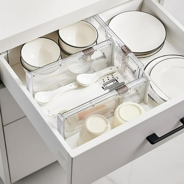 Separadores de cajones retráctiles transparentes - Organizador de plástico ajustable para cocina, baño, armario - 17,13x3,94x1,57 in - Blanco y negro