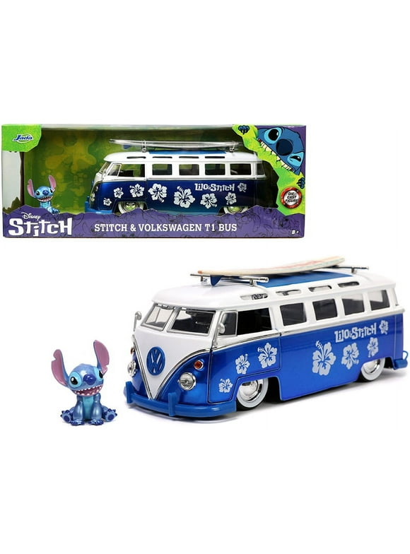 Volkswagen T1 Bus Candy Blue and White with Stitch Diecast Figurine and Surfboard "Lilo & Stitch" Disney "Hollywood Rides" Series 1/24 Diecast Model Car by Jada
