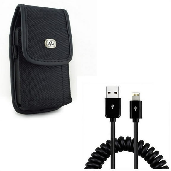 Case Belt Clip w USB Cable for iPhone 8/7/6S/6 - Rugged Holster Canvas Cover Pouch, Coiled Charger Cord Power Sync for iPhone 8/7/6S/6 Models