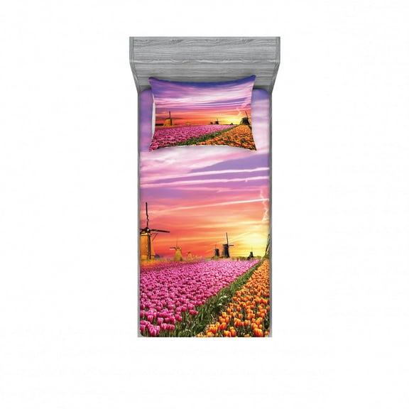 Ambesonne Nature Fitted Sheet & Pillow Sham Set, Scenic Tulip Fields, Twinxl, Orange Pink Purple