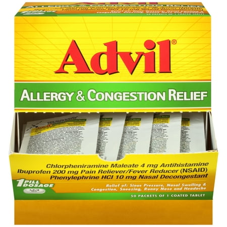 Advil® Allergy & Congestion Relief (50 Count Packets), Antihistamine, 200mg Ibuprofen Pain Reliever/Fever Reducer & Nasal Decongestant, One Tablet (The Best Decongestant Antihistamine Combination)