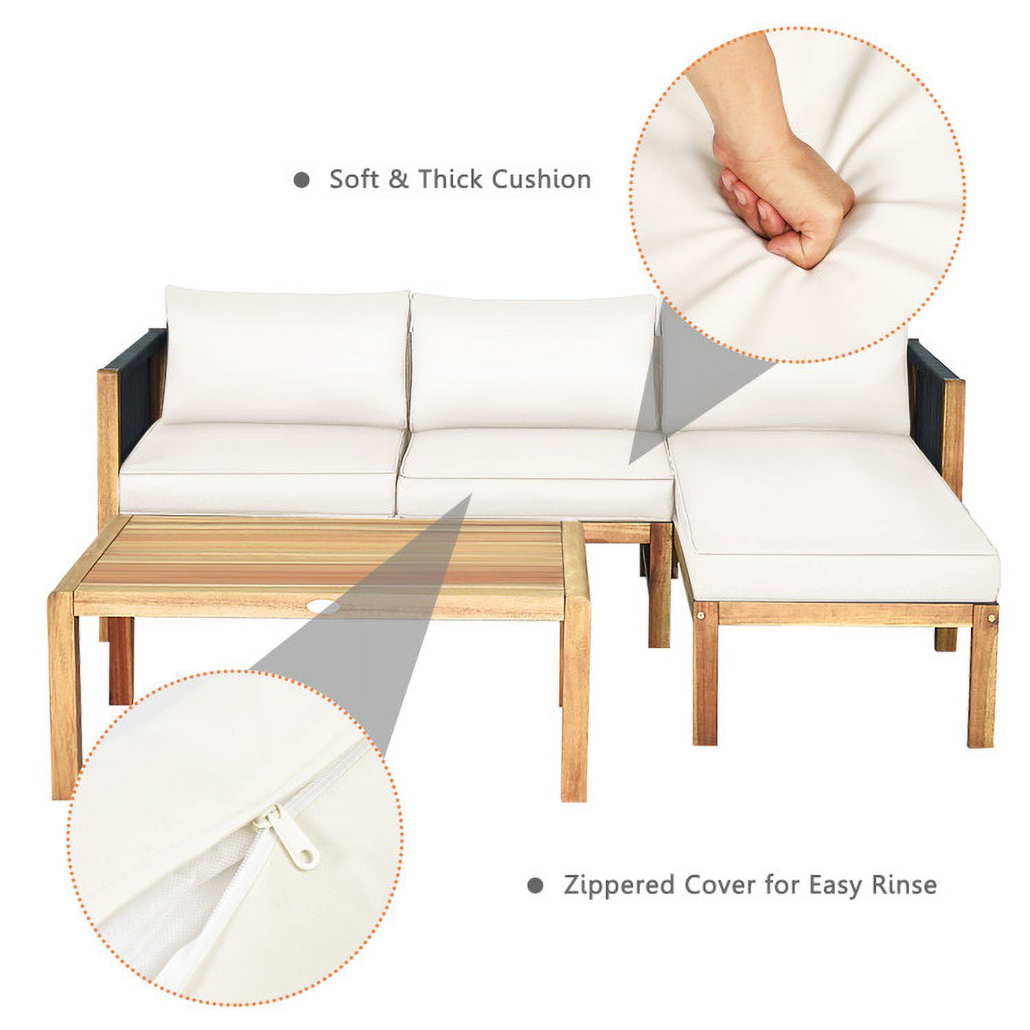 Aimee Lii 3 Piece Patio Acacia Sofa Set with Nylon Armrest, Outdoor Deck Furniture, White Aimee Lii 3 Piece Patio Acacia Sofa Set with Nylon Armrest, Outdoor Deck Furniture, White