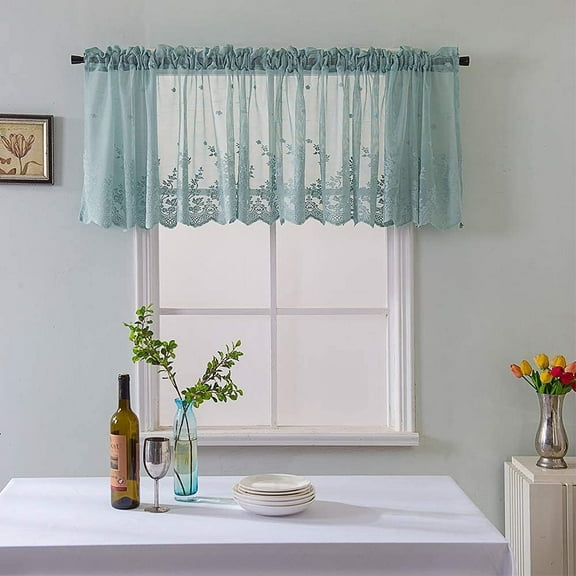 EFINNY Blue Lace Short Curtain for Kitchen Window Jacquard Floral Sheer Curtain Valance for Small Window Rod Pocket Top Tulle 1 Piece