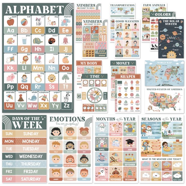 Pósters educativos BEAWART 18 Modern Boho para niños en edad preescolar