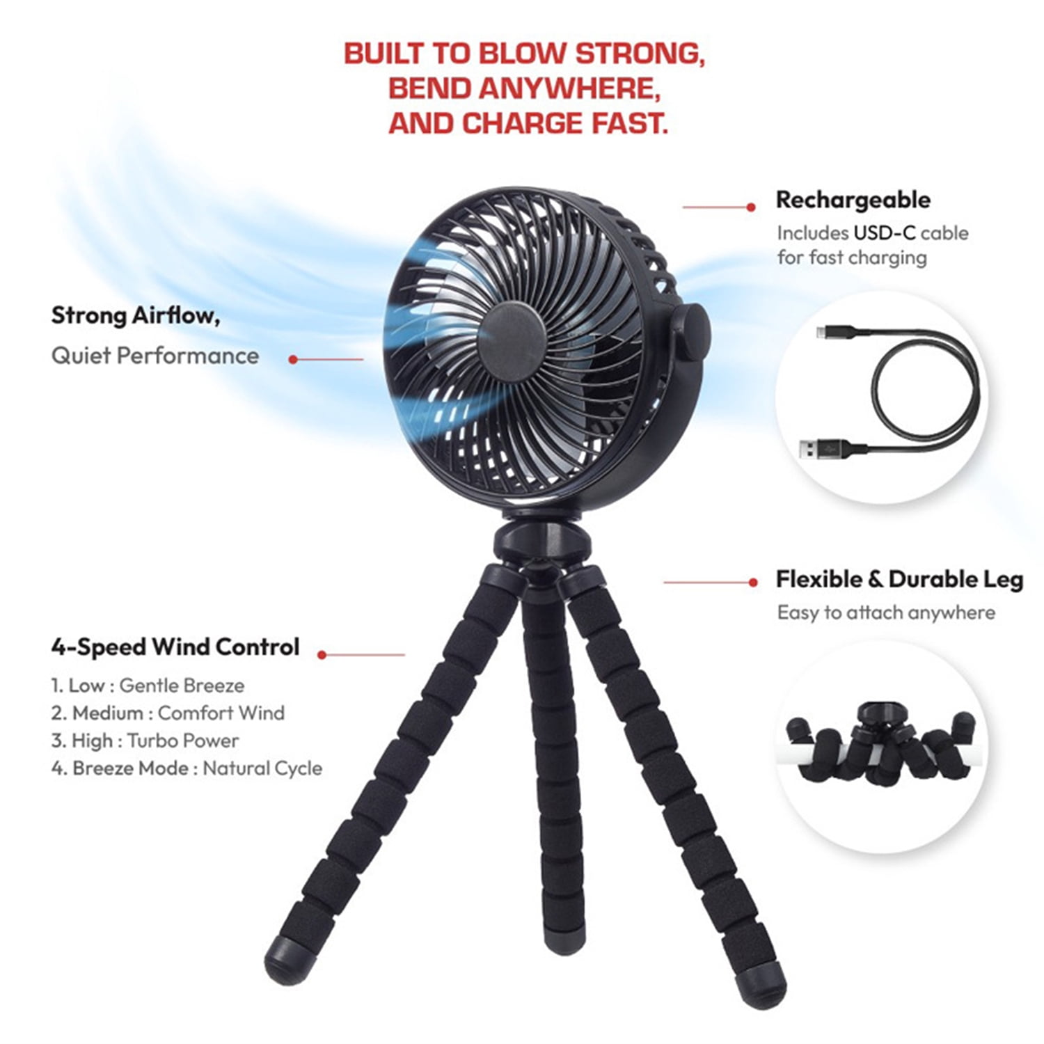 airbro 5-In. Portable Squid Fan with Flexible Tripod Legs, 4 Speeds, 800-mAh Rechargeable Battery, up to 5 Hours Run Time, 360° Air Flow