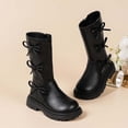 thumbnail image 4 of Girls Faux Leather Boots Side Zipper Mid Calf Winter Boots Cute Bow Decor Side Zipper Winter Tall Riding Boots Fashion Comfortable Round Toe Low Heel Combat Boots Black 37, 4 of 5