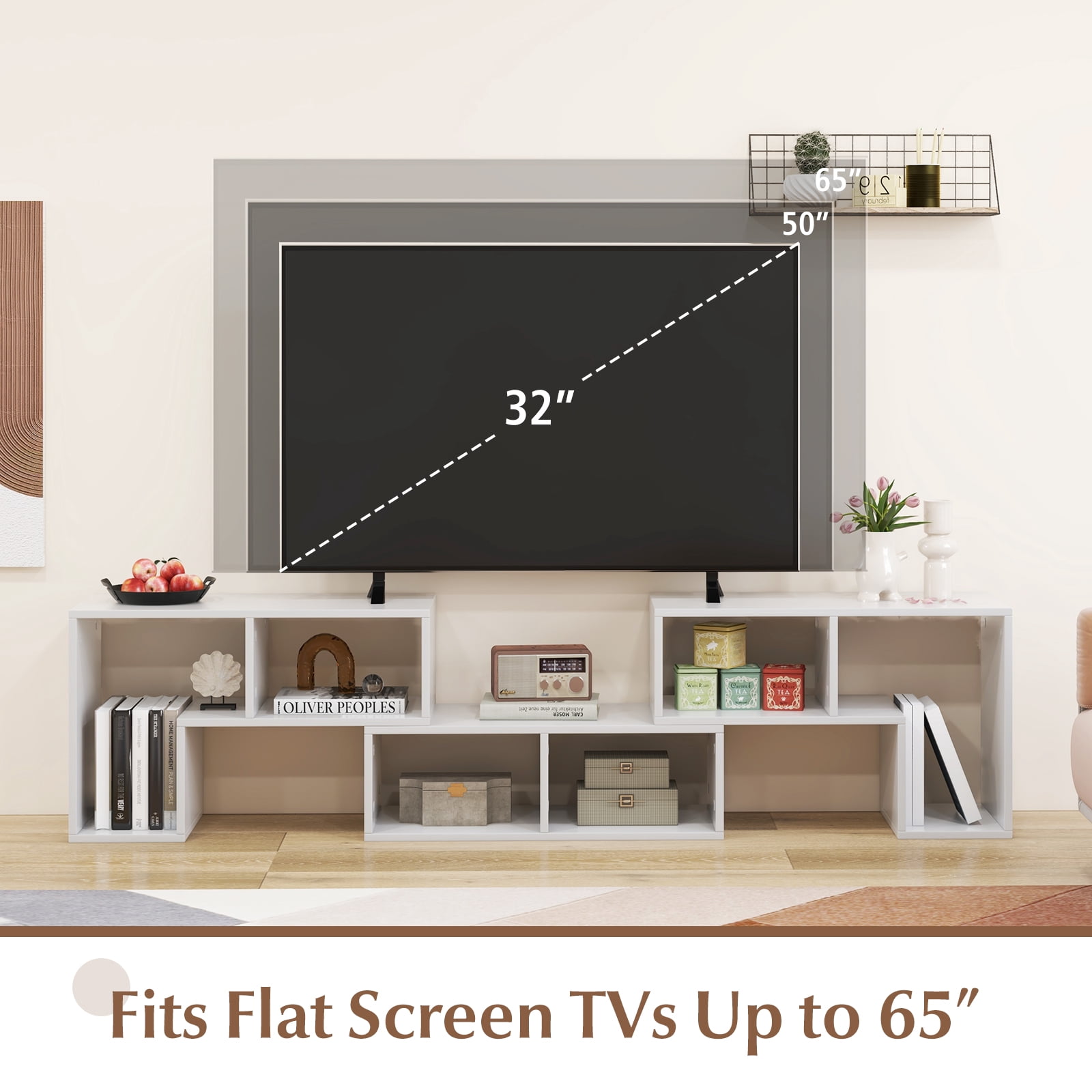 Costway 3 Pieces Adjustable TV Console Stand with 2 L-Shaped Shelve & Rectangular Shelf for TVs up to 65” Light White