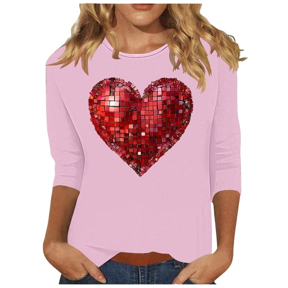 ZHYou Womens T-Shirts Valentine's Day V-Neck Valentine's Day Printed 3/4 Sleeve Loose Fit Casual Soft Spring Summer Shirts,Pink,3XL