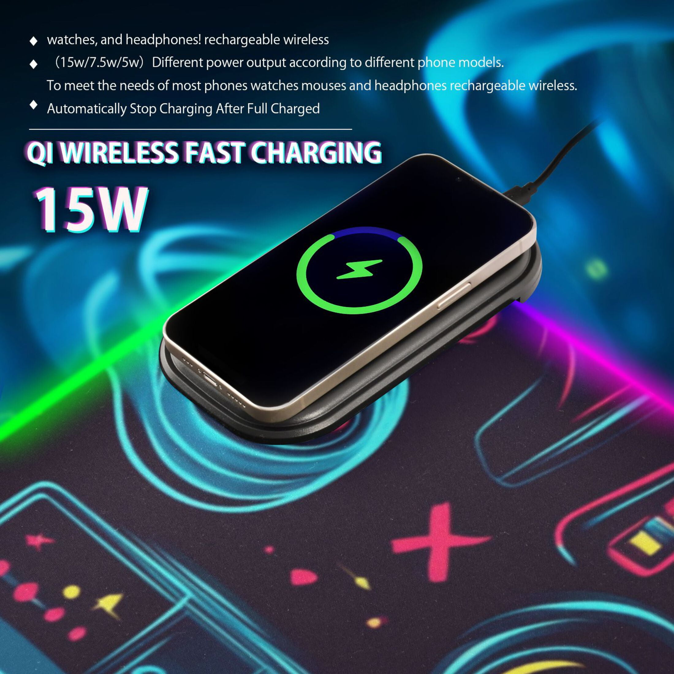 RGB Gaming Mouse Pad 15W Wireless Charging Large Waterproof Desk Mat 13 Light Modes Mousepad 31.5x11.8 Neon Game Controllers