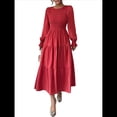 thumbnail image 2 of Vestido de Otoño para Invitada de Boda, con Mangas Largas, Volantes, Cuello Redondo, y Fluido. Rojo Óxido L, 2 of 7