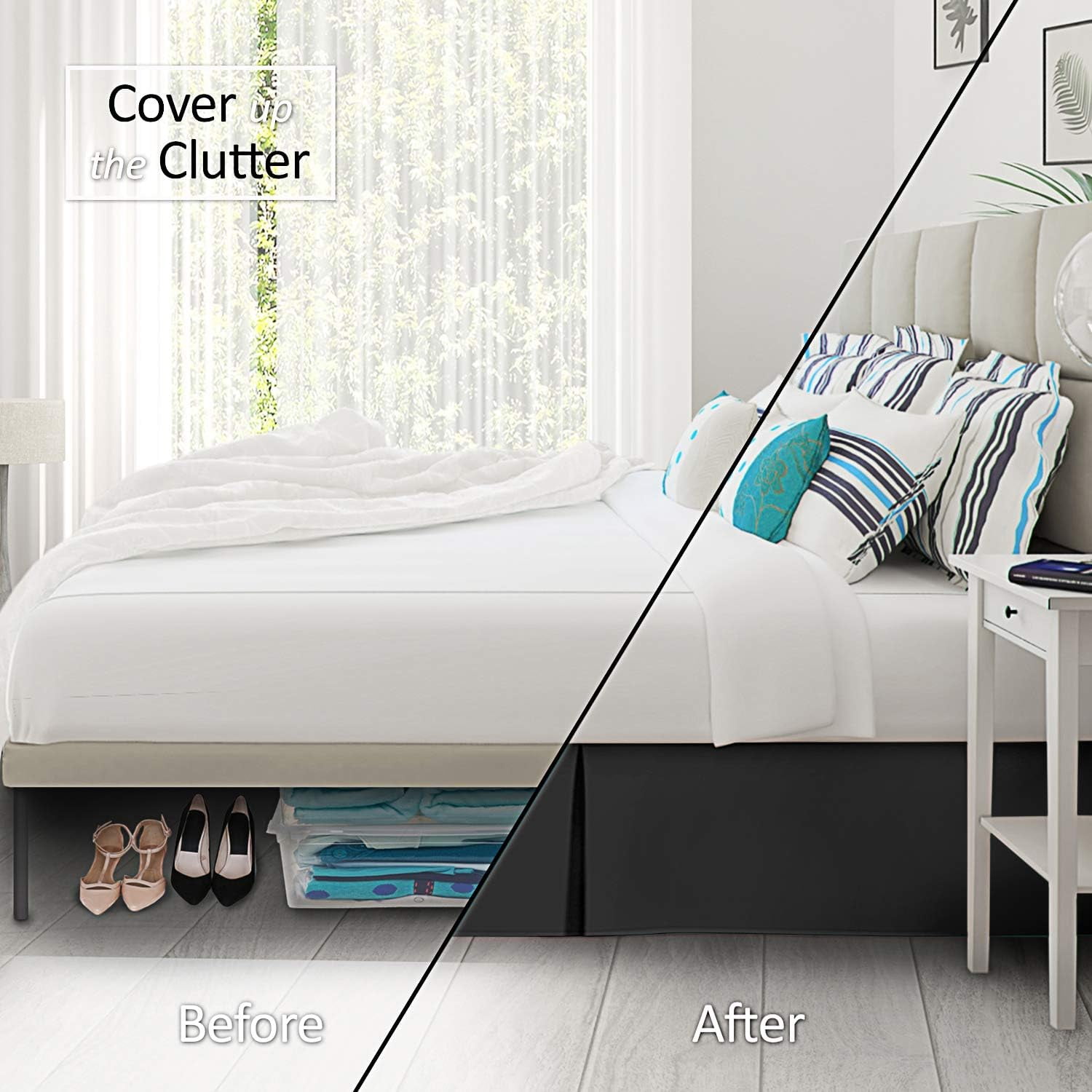 Olympic Queen Size Pleated Bed Skirt, Black, 10 Inch Drop, 120 GSM Microfiber, Wrinkle-Free, Fade Resistant, Easy Fit Box Spring Cover