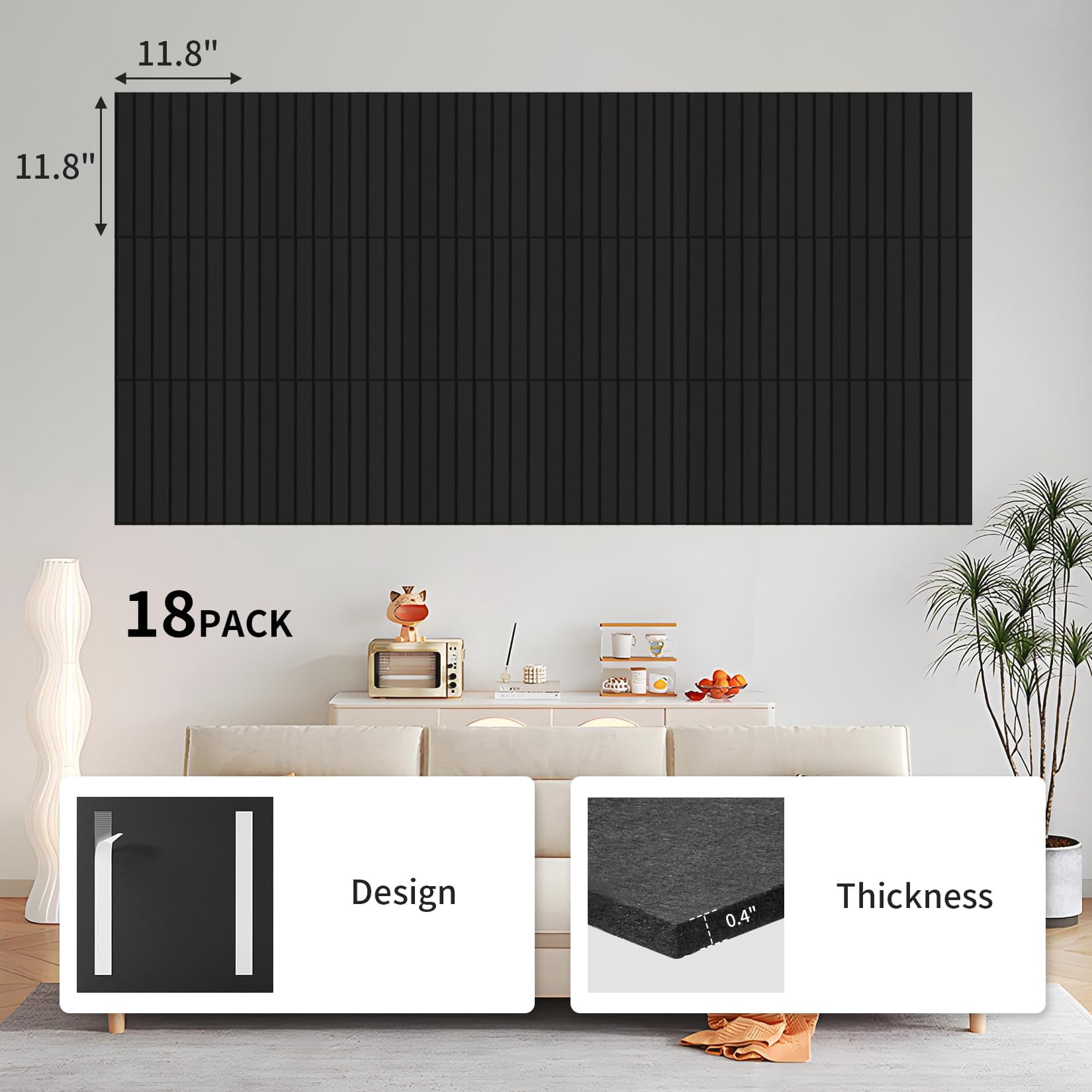 18 Pack Acoustic Panels Foams for Walls, 12x12x0.35 in Fireproof Sound Dampening Panels with Hook and Loops, Thick Noise Reduction Absorbing Mat for Home Theater Recording Room