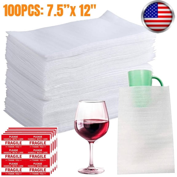 100 Pieces Foam Packing Pouches, 7.5”x 12" Cushion Wrap Sheets for Dishes, Glass, Moving and Shipping Supplies