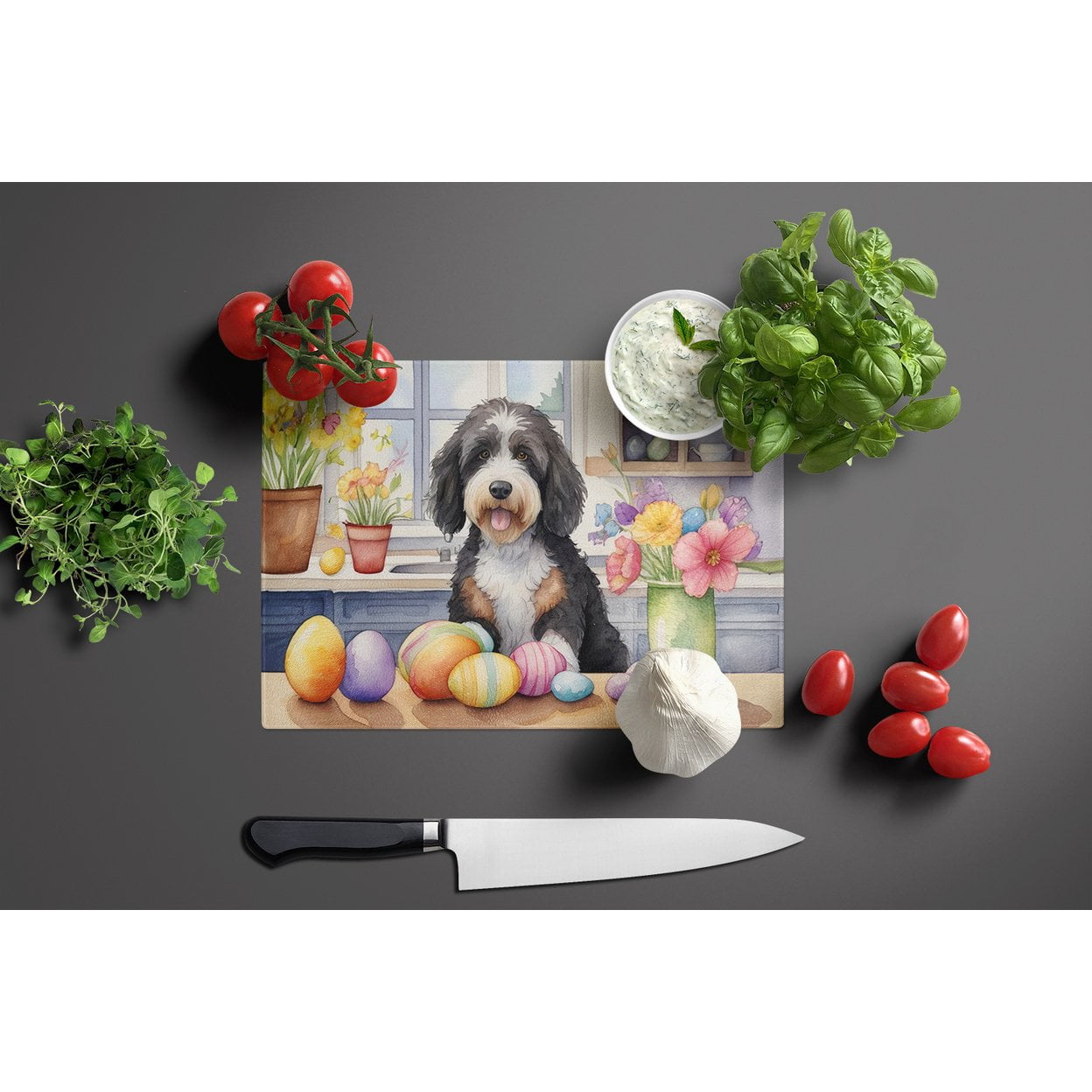 Decorating Easter Bernedoodle Glass Cutting Board 12 in x 15 in