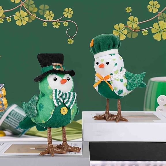 St Patricks Day Glowing Shamrock Birds - Standing Green Irish Bird Figurines Printed with Lucky Shamrock Table Top Ornaments, Leprechaun Hat Couple Bird Decor, Window Home Holiday Decorative Gifts