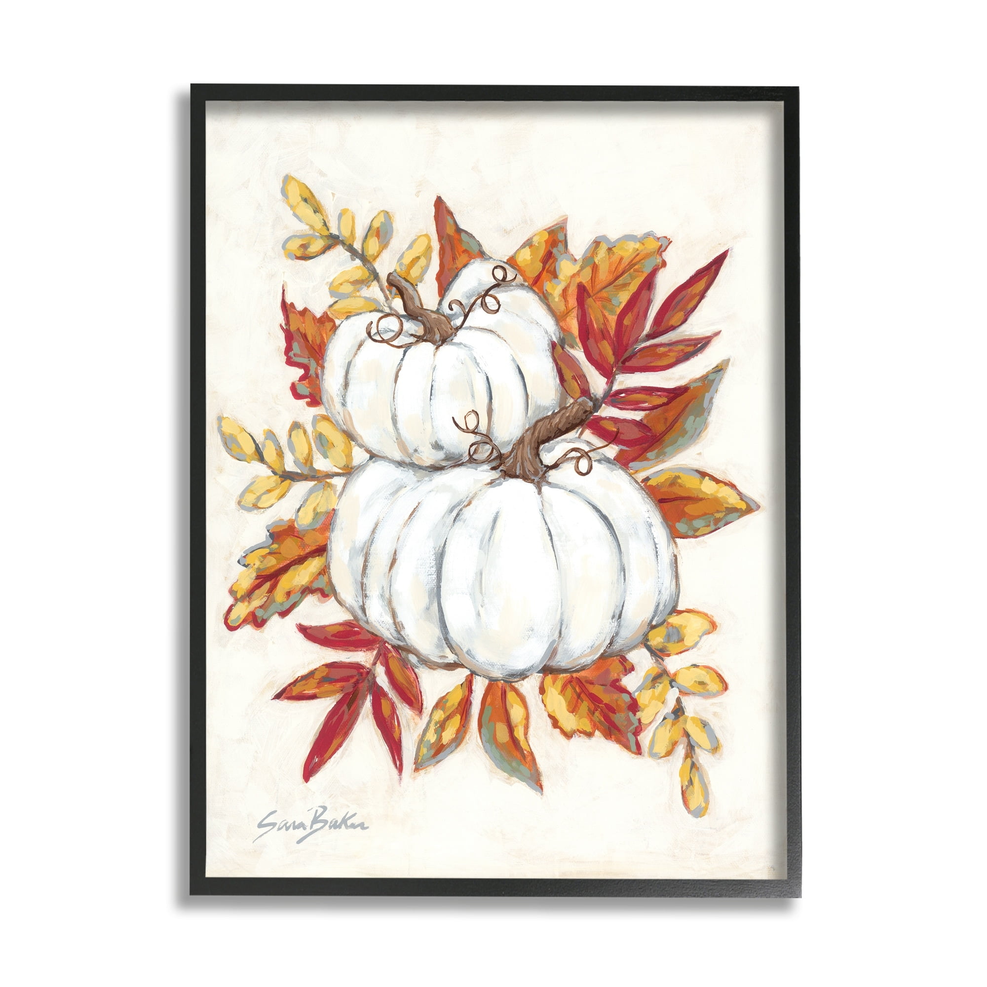 Stupell Industries White Pumpkins Stacked Red Orange Autumn Leaves, 16 x 20,Design by Sarah baker