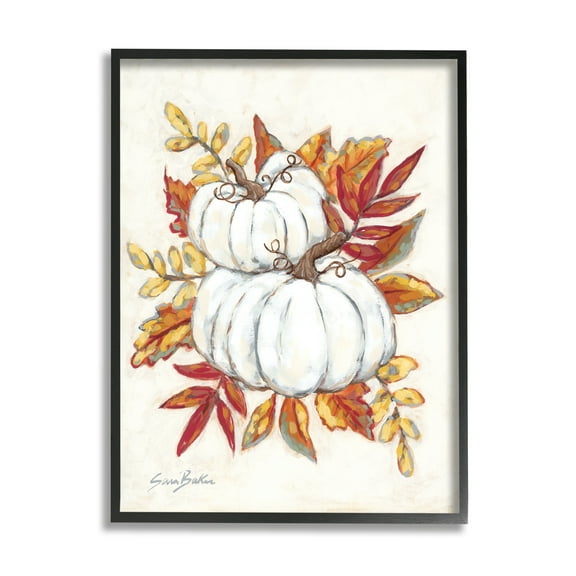 Stupell Industries White Pumpkins Stacked Red Orange Autumn Leaves Paintings Black Framed Art Print Wall Art, 11x14, by Sarah baker