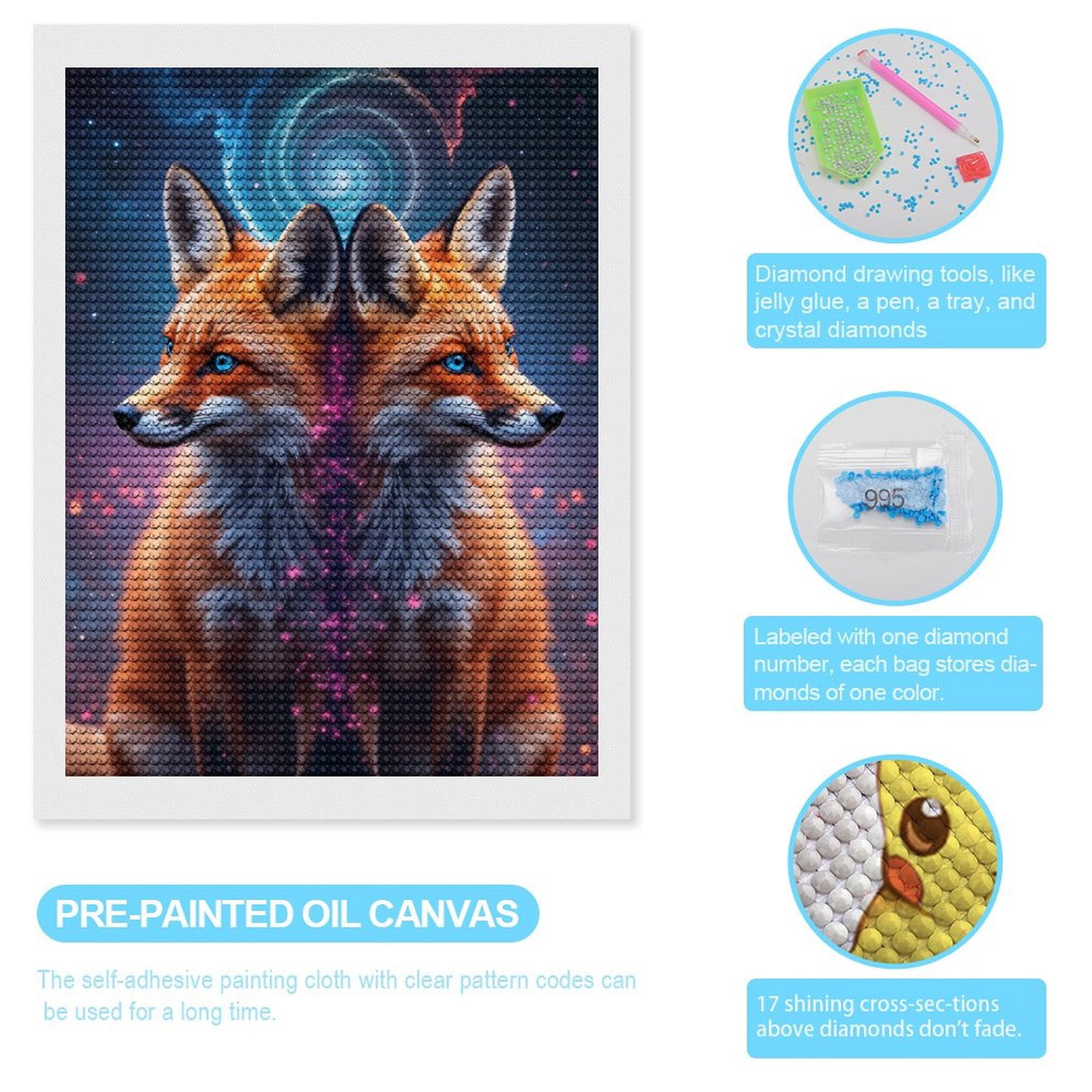 Diamond Art Kits for Adults, Mystical Foxes Cosmic Spiral 5D Diamond Painting Kits for Adults Beginners, DIY Full Drill Diamond Painting, Gem Art and Crafts 12x16