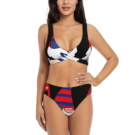 Zeuib 4th of July Gnomes High Waisted Tummy Control Bikini Set - Knot Front Push Up Top & Cheeky Thong Bottom  Two-Piece Swimsuit for Women-X-Large