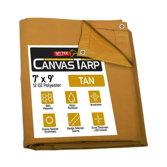 7' x 9' Tan 12oz Canvas Tarp with Grommets - Water Resistant - Heavy Duty Canvas Tarps - Multipurpose Tarpaulin Cover for Canopy Tent, Roof, Camping, Semi Trucks & Cargo