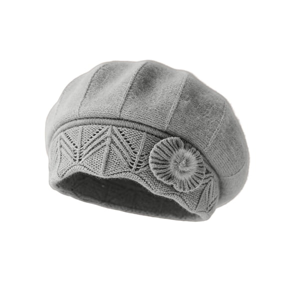 Koadzawe Women's Knit Beret Hat French Style Winter Warm Slouchy Beanie Hat with Crochet Flower Applique Soft Stretch Vintage Beret Cap for Fall Winter Daily Wear Grey One Size