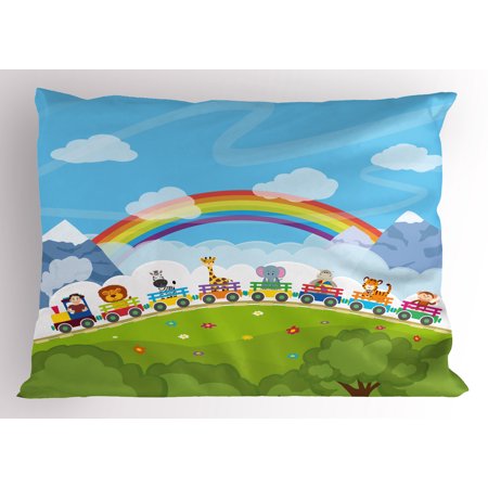 Train Mountain Railroad - Nursery Pillow Sham Cartoon Railway Train with Various Animals and a Rainbow Mountains Clouds Trees, Decorative Standard Size Printed Pillowcase, 26 X 20 Inches, Multicolor, by Ambesonne