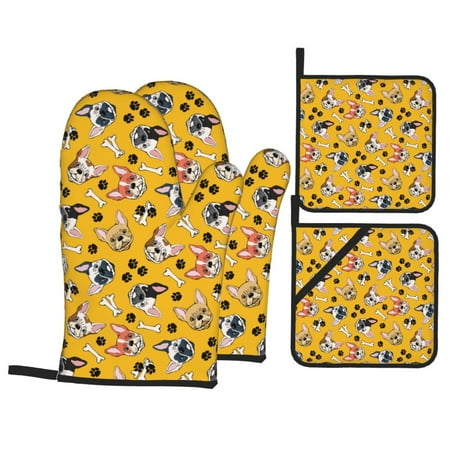 

Oven Mitts and Pot Holders 4 pcs Set Cute French Bulldog Bones_A Heat Resistant Pot Holders Oven Mitts for kitchen Non-Slip Hanging Loop Oven Glove Potholders for Baking Cooking
