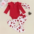 thumbnail image 2 of Otqutp Children's Girls Valentine's Day 3 Piece Suit Long Sleeve Love Printed Clothes Set Baby Cute Bodysuit Solid Color Ruffle Back Dress with Hairband(2-Red,0-3 Months), 2 of 8
