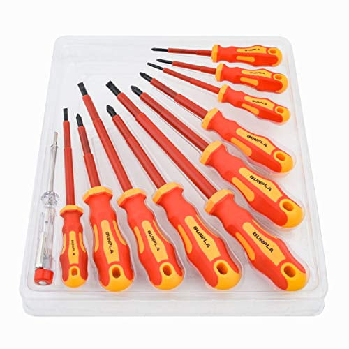 TPR Handle Electrician Soft-Grip Slotted Phillips and Pozi Tools with Safety Tester for Electrician Repair Gunpla 11 Pieces VDE Insulated Screwdriver Set 1000V with Black Tip Magnetic TPR Handle Electrician Soft-Grip Slotted Phillips and Pozi Tools with Safety Tester for Electrician Repair Gunpla 11 Pieces VDE Insulated Screwdriver Set 1000V with Black Tip Magnetic
