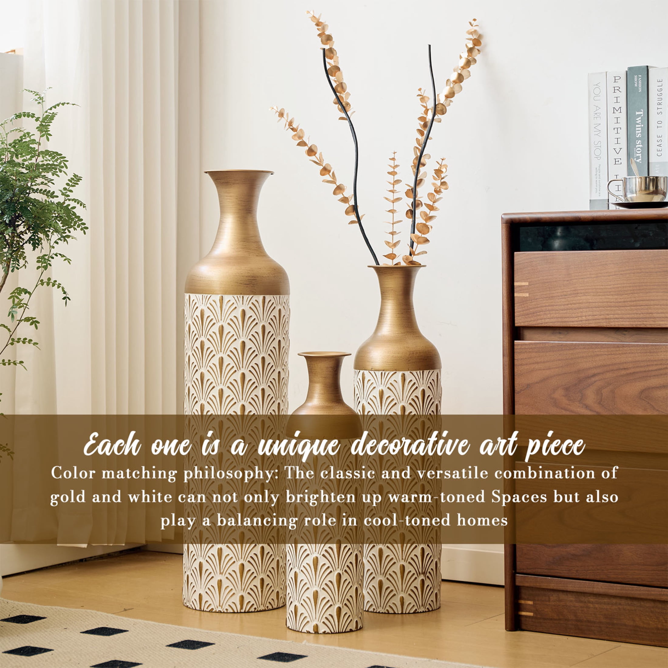 Noble House 3-Piece Metal Floor Vase Set, Decorative Vases with Fan Pattern, Antique Brass + White